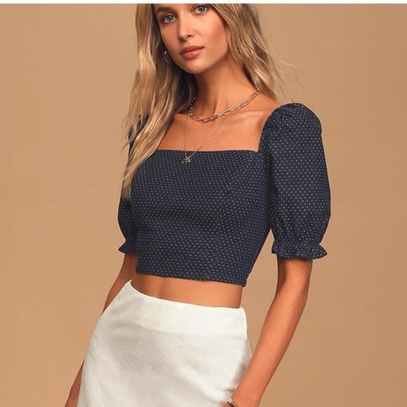 Lulu’s Dark Wash Polka Dot Denim Puff Sleeve Crop Top - Picture 1 of 8